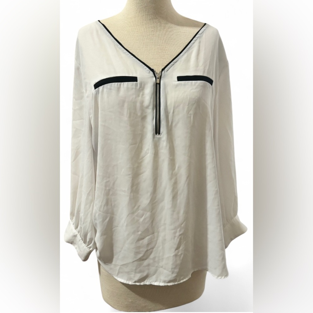 7th Avenue Design Studio New York & Company White Black Zip-Up Blouse Women’s XL